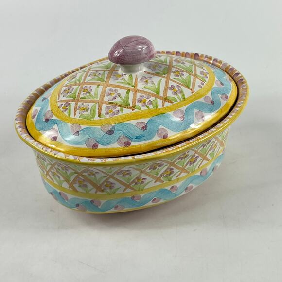 Vintage MacKenzie-Childs Summer Frock Chowder Bowl With Lid 7"x5"x5" Terracotta - Picture 3 of 12